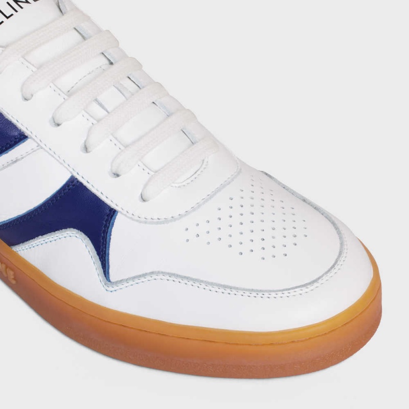 Optic White/Navy/Beige Celine TRAINER LOW LACE-UP in CALFSKIN Sneakers | CL-592549