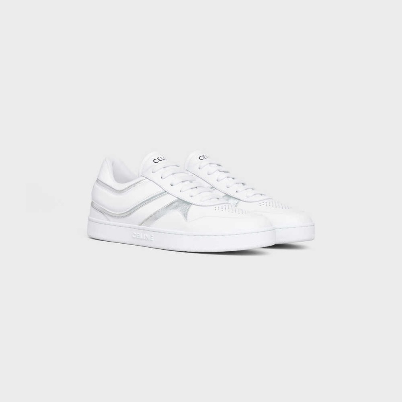 Optic White/Silver Celine TRAINER LOW LACE-UP in CALFSKIN & LAMINATED CALFSKIN Sneakers | CL-592550