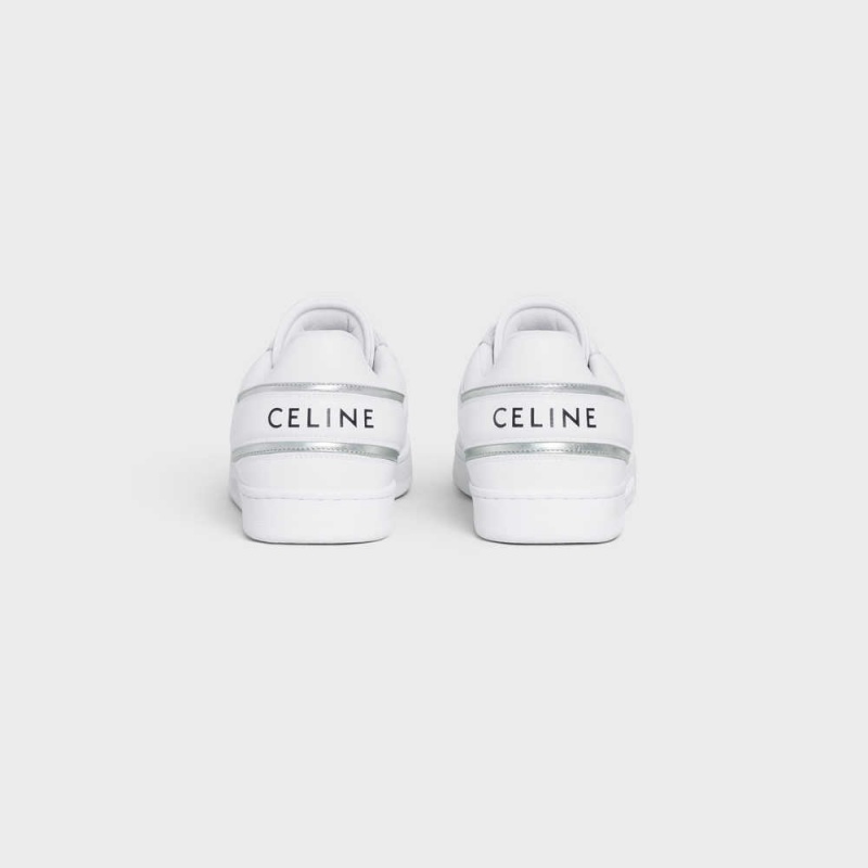 Optic White/Silver Celine TRAINER LOW LACE-UP in CALFSKIN & LAMINATED CALFSKIN Sneakers | CL-592550