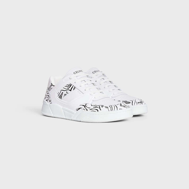 Optic White / Black Celine C07 TRAINER LOW LACE-UP in CALFSKIN & ZEBRA STAMPED CALFSKIN Sneakers | CL-591899