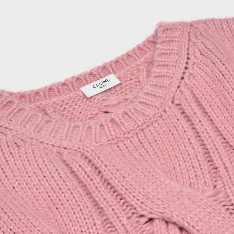 Pink Celine Crew neck in cable-knit Cashmere and silk Knitwear | CL-592707