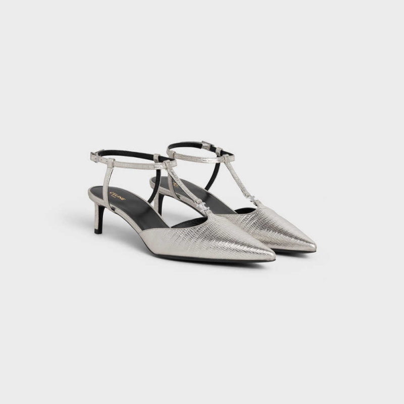 Platinium Celine KITTEN TRIOMPHE BAR STRAP in Lizard stamped metalized calfskin Pumps | CL-592557