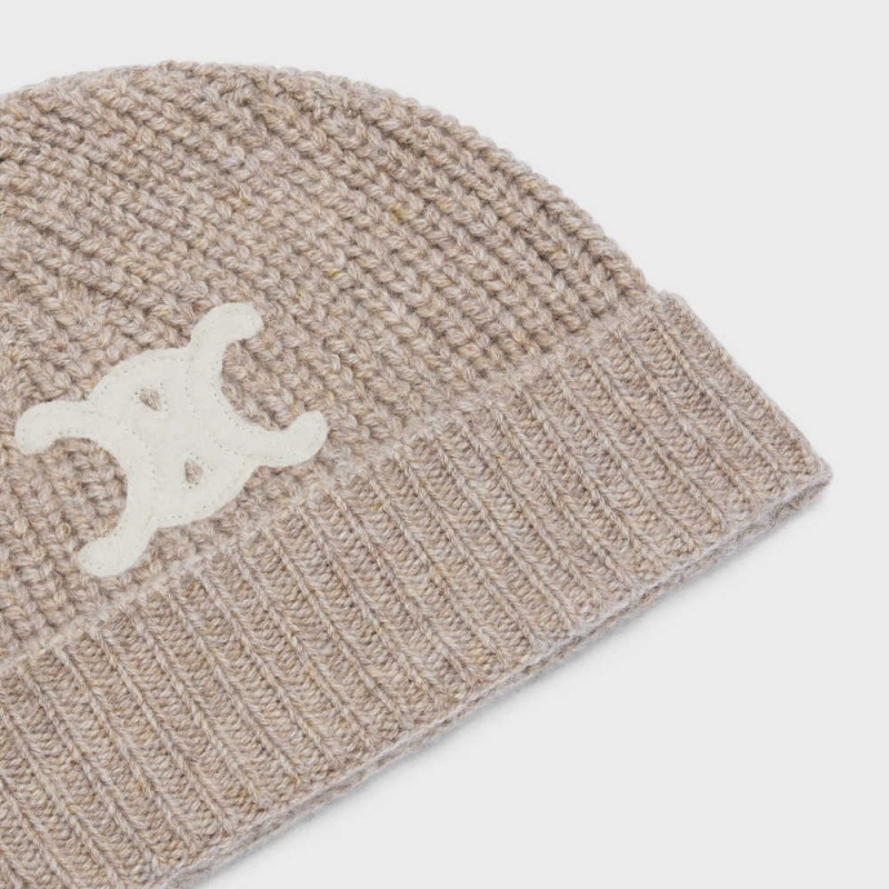 Sand Celine TRIOMPHE EMBROIDERED BEANIE IN SEAMLESS CASHMERE Hat | CL-592369