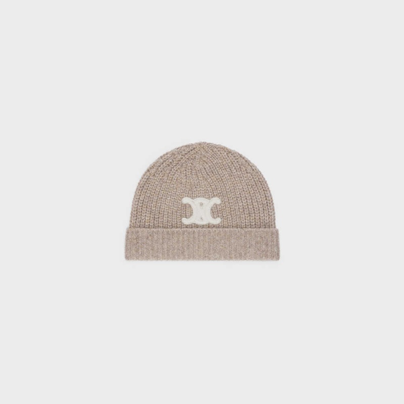 Sand Celine TRIOMPHE EMBROIDERED BEANIE IN SEAMLESS CASHMERE Hat | CL-592369