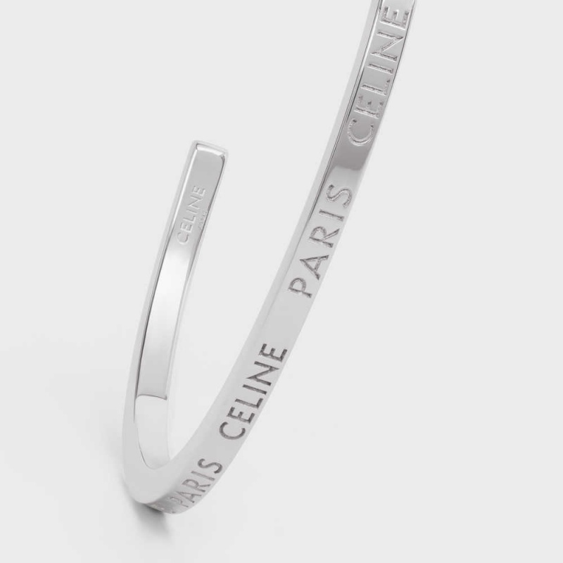 Silver Celine Paris Thin Cuff in Brass with Rhodium Finish Bracelets | CL-592216