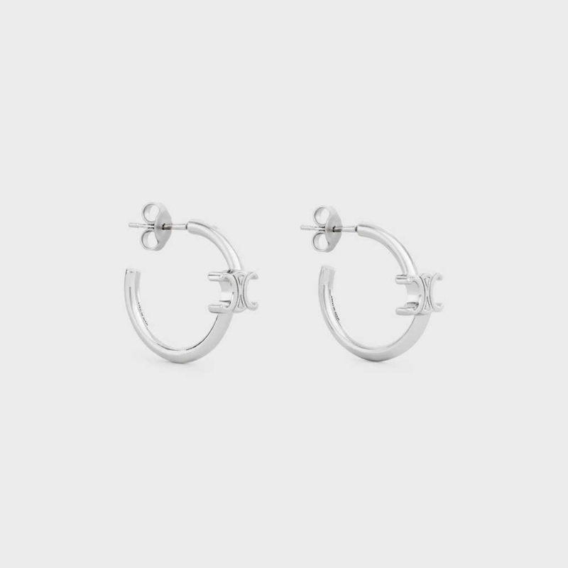 Silver Celine Triomphe Asymmetric Hoops in Brass with Rhodium Finish Earrings | CL-592296