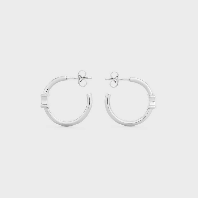 Silver Celine Triomphe Asymmetric Hoops in Brass with Rhodium Finish Earrings | CL-592296