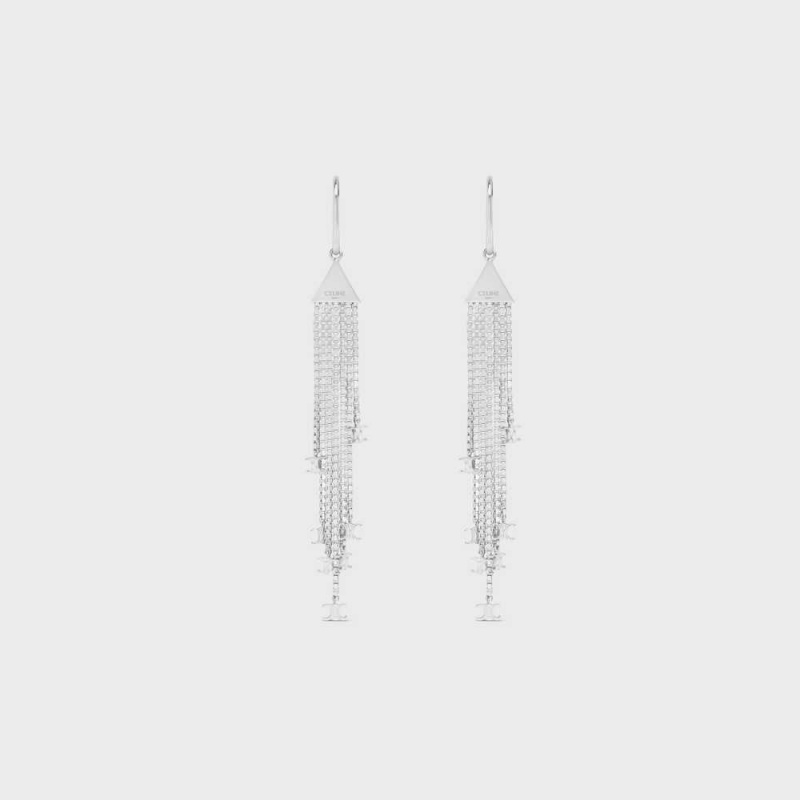 Silver Celine Triomphe Folk Fringe in Brass with Rhodium Finish Earrings | CL-592300