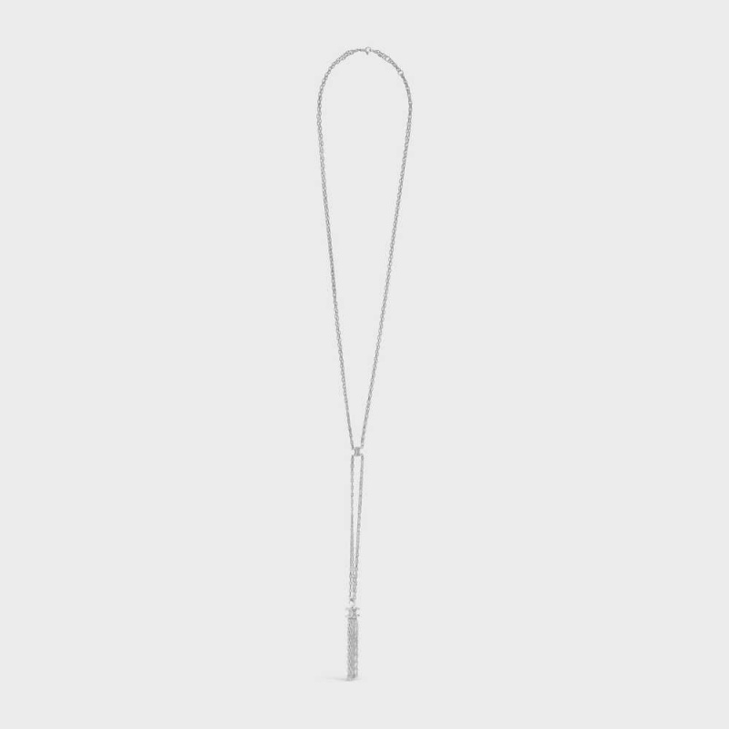 Silver Celine Triomphe Folk Tie Long in Brass with Rhodium Finish Necklaces | CL-592243