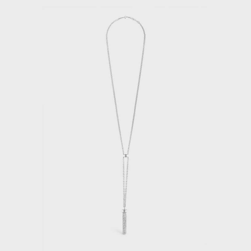 Silver Celine Triomphe Folk Tie Long in Brass with Rhodium Finish Necklaces | CL-592243