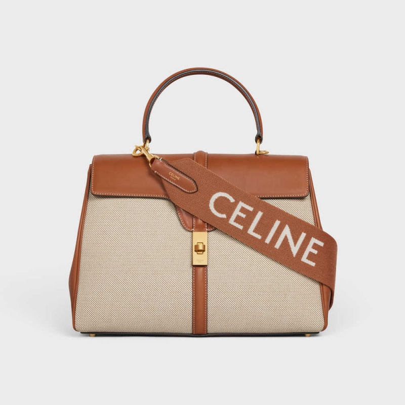 Tan/White Celine Long Strap in Wool with jacquard with GOLD FINISHING Leather Goods Accessories | CL-592909