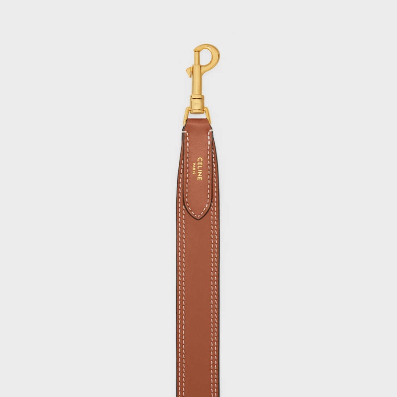 Tan Celine Long Strap in smooth CALFSKIN WITH EMBROIDERY with Gold Finishing Leather Goods Accessories | CL-592903