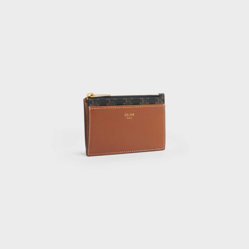 Tan Celine Zipped Triomphe Canvas and Lambskin Card Holders | CL-592953