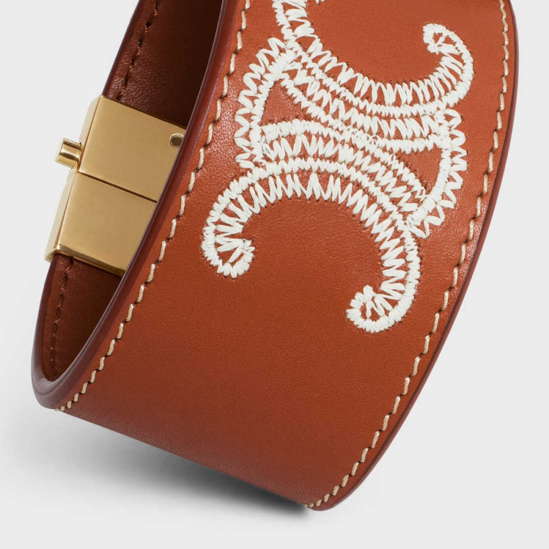 Tan / Ecru Celine Triomphe Embroidered Leather in Brass with Gold Finish and Calfskin Bracelets | CL-592203