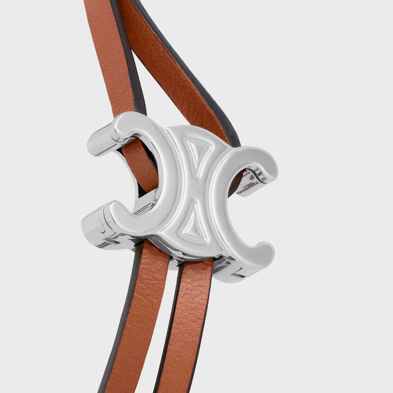 Tan / Silver Celine Triomphe Clasp in Calfskin and Brass with Rhodium Finish Bracelets | CL-591653