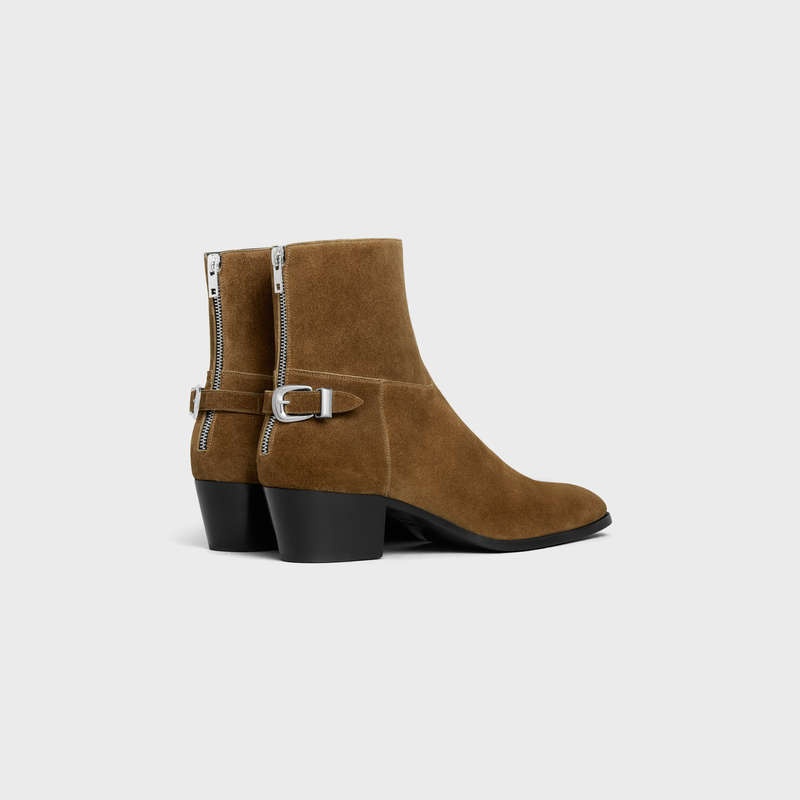 Taupe Celine BACK BUCKLE ZIPPED ISAAC in Suede Calfskin Boots | CL-591863