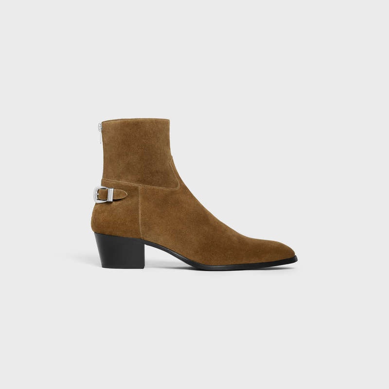 Taupe Celine BACK BUCKLE ZIPPED ISAAC in Suede Calfskin Boots | CL-591863