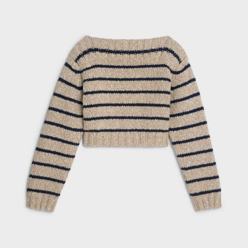 Taupe / Navy Celine Marinière Boat neck in wool Knitwear | CL-592694