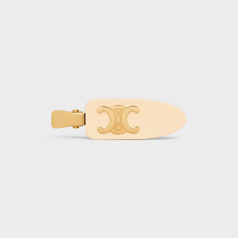 Vanilla / Gold Celine Triomphe Flat Hair Clip in Vanilla Acetate and Brass with Gold Finish and Steel Hair Accessories | CL-592323