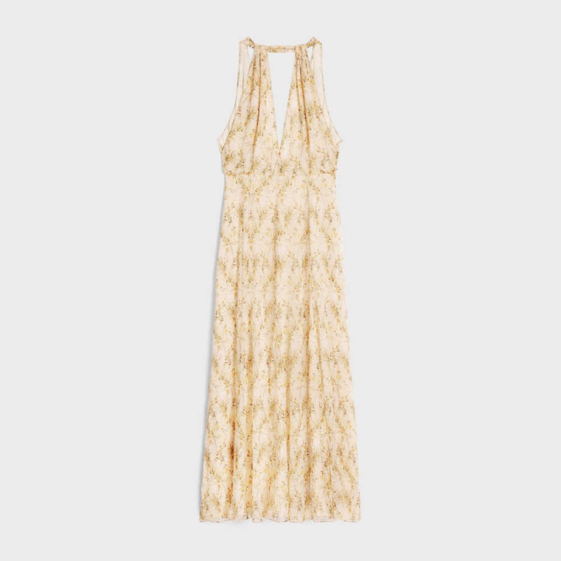 Vanille/Jaune Celine low-cut foulard in silk crêpe Dresses | CL-592861