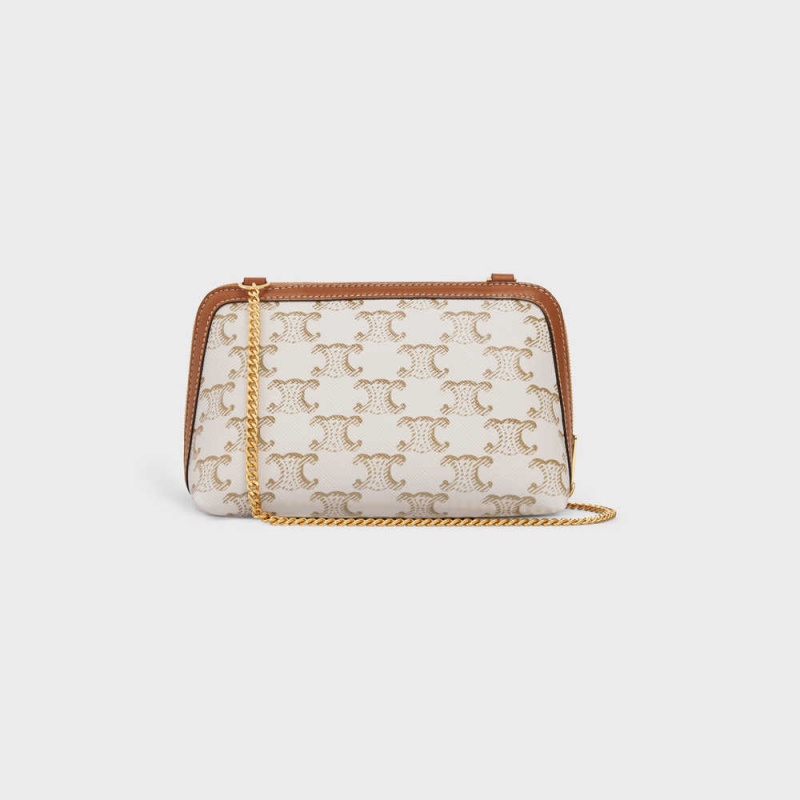 White/Tan Celine Clutch with Chain in Triomphe canvas and Lambskin Mini Bags | CL-593032