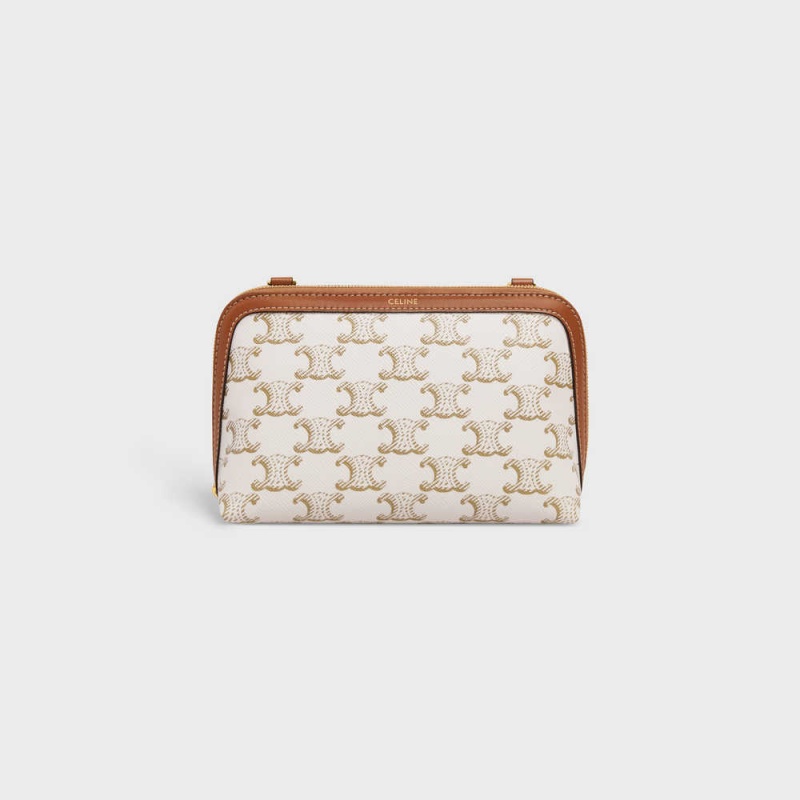 White/Tan Celine Clutch with Chain in Triomphe canvas and Lambskin Mini Bags | CL-593032