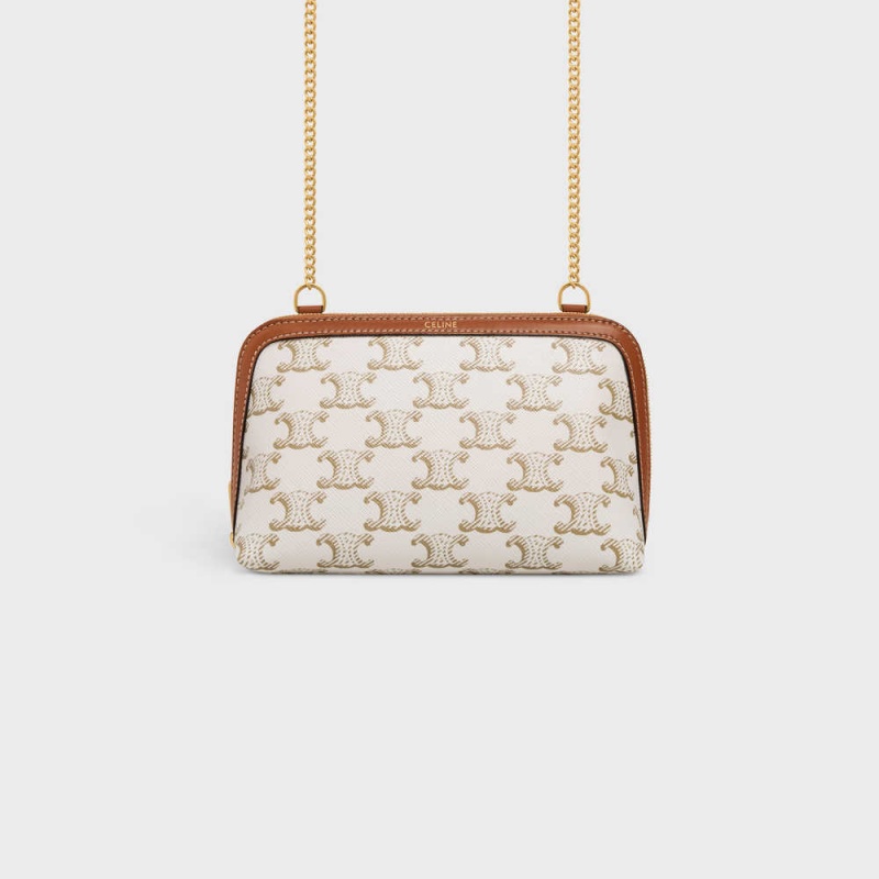 White/Tan Celine Clutch with Chain in Triomphe canvas and Lambskin Mini Bags | CL-593032