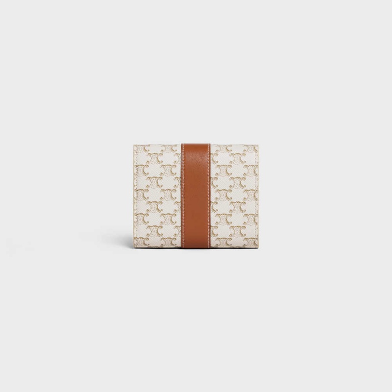 White/Tan Celine Small Trifold in Triomphe Canvas and Lambskin Wallets | CL-593005