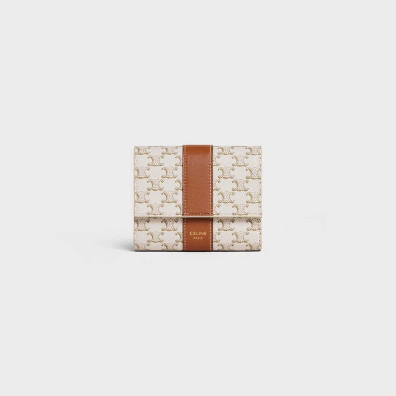 White/Tan Celine Small Trifold in Triomphe Canvas and Lambskin Wallets | CL-593005