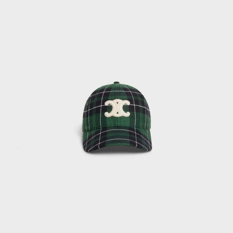 green / black Celine TRIOMPHE BASEBALL IN CHECKED FLANNEL Cap | CL-592359