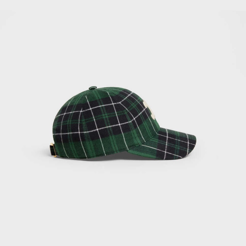 green / black Celine TRIOMPHE BASEBALL IN CHECKED FLANNEL Cap | CL-592359